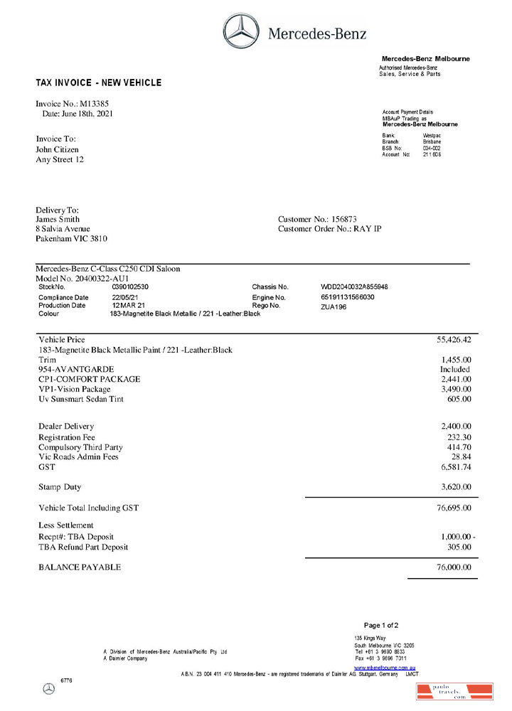 USA Mercedes Benz invoice template PSD template